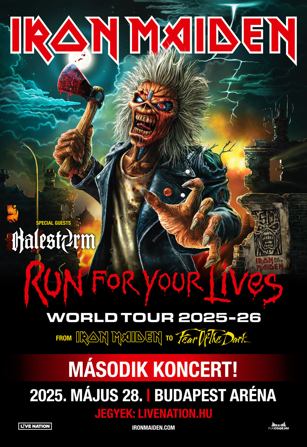 Promotional poster announcing Iron Maiden's eagerly anticipated 'Run For Your Lives' world tour hitting Budapest.